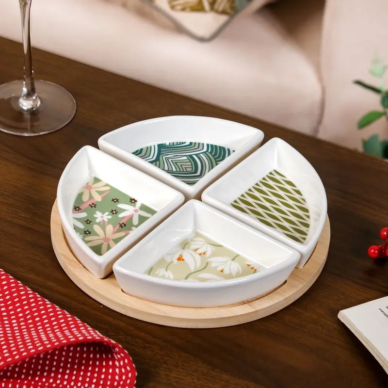 Sage Scape Sectioned Platter With Complementary Wooden Tray (5-Piece) 1