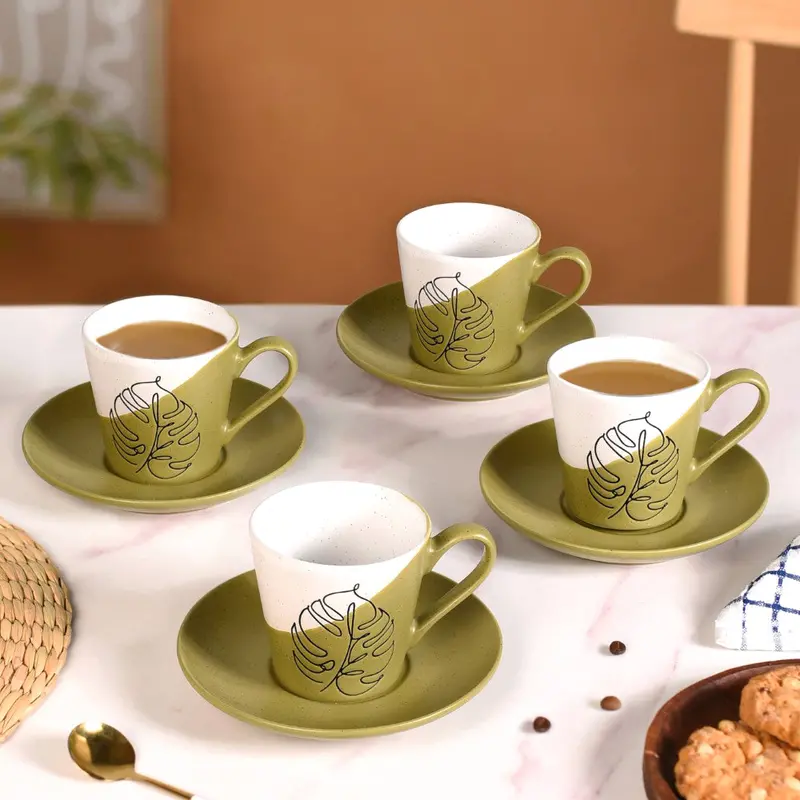 Serene Tropics Olive Ceramic Tea Cup And Saucer Set – 4-Piece, 225Ml 1