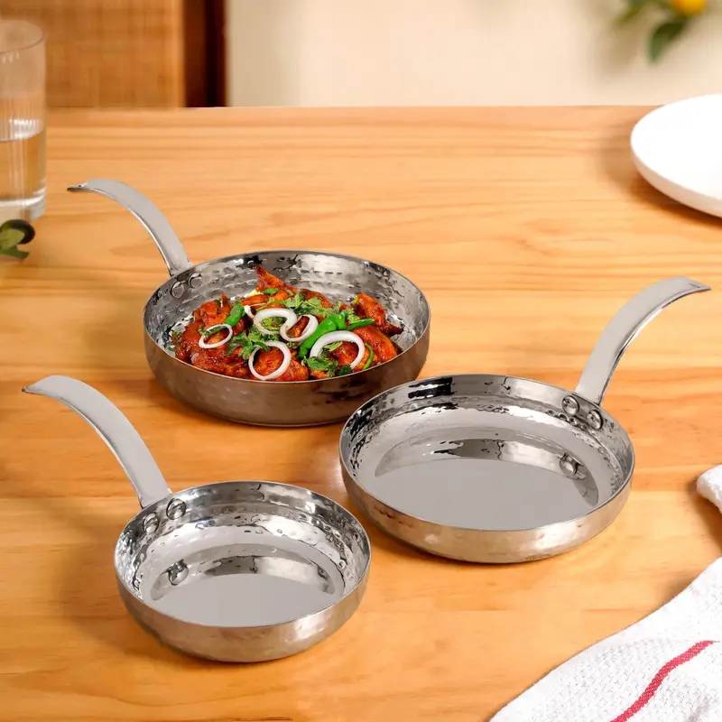 Set Of 3 Hammered Stainless Steel Serving Pans With Handles 1