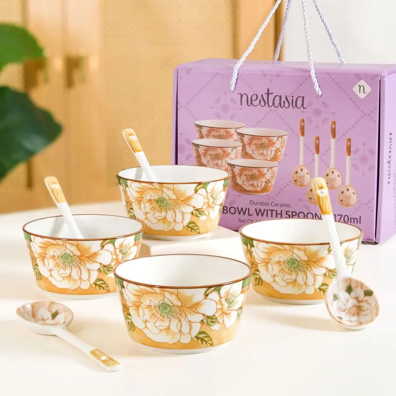 Set Of 4 Floral Soup Bowls With Matching Stainless Steel Spoons – 370Ml Capacity 1