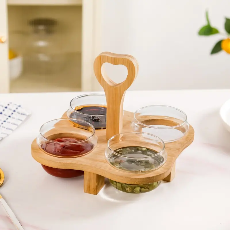 Set Of 4 Glass Bowls With Natural Bamboo Base Stand 1