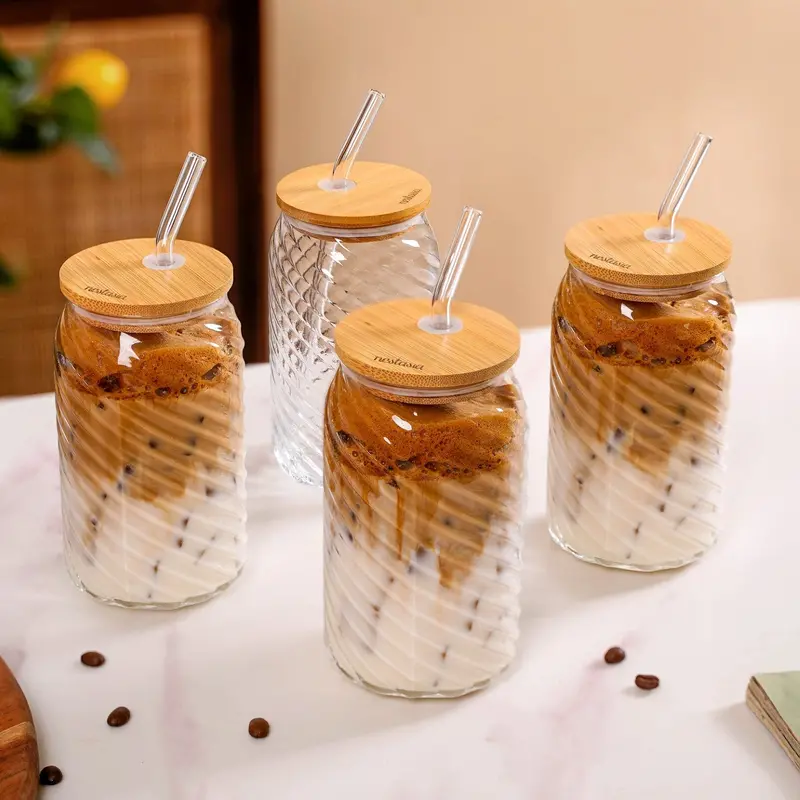 Set Of 4 Glass Tumblers With Wooden Lids & Reusable Glass Straws (500Ml) 1