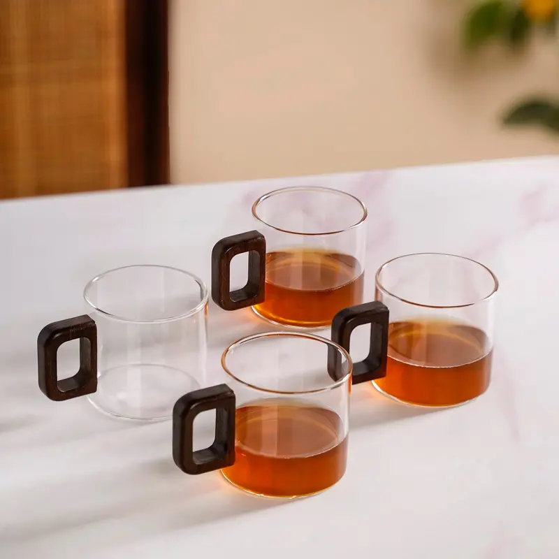 Set Of 4 Heat-Resistant Glass Tea & Coffee Cups With Natural Wooden Handles (200Ml) 1