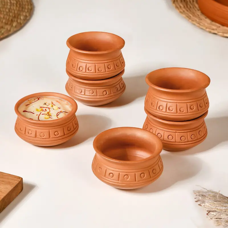 Set Of 6 Hand-Engraved Terracotta Matki Bowls (100Ml Each) 1