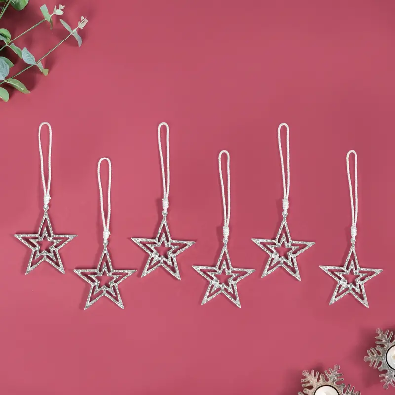 Set Of Six Shimmering Silver Star Tree Ornaments 1