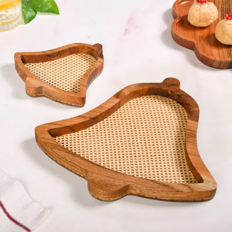 Set Of Two Rattan-Woven Wooden Jingle Bell Platters 1