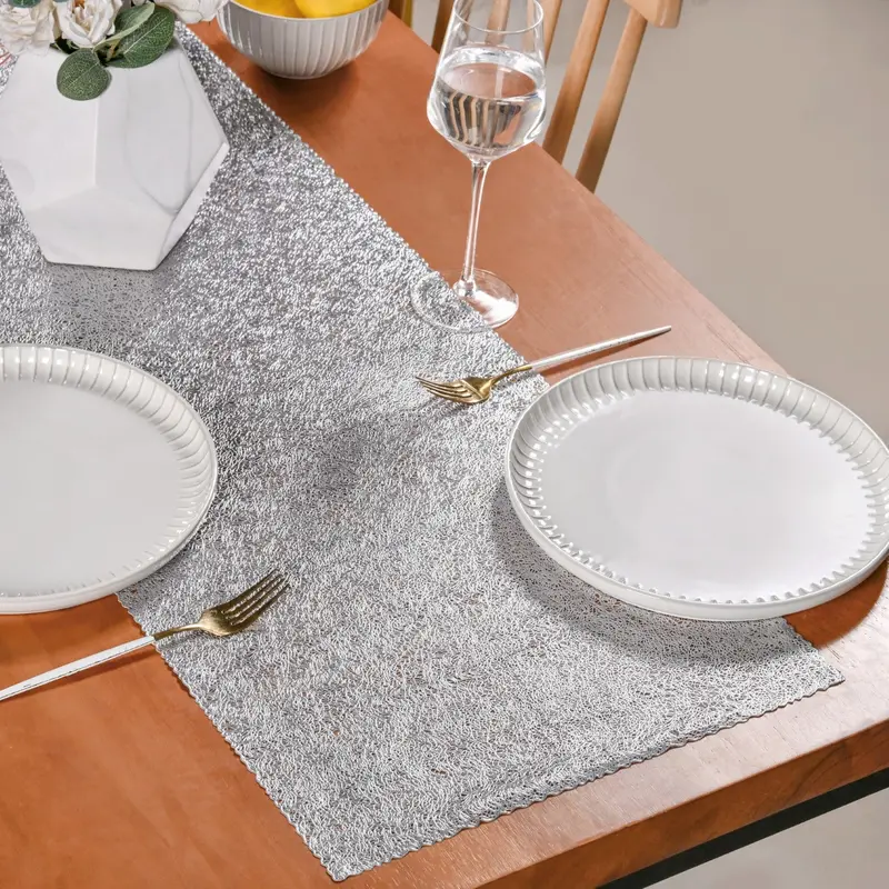 Shimmering Silver Line Table Runner – 183 X 37 Cm Modern Geometric Style 1