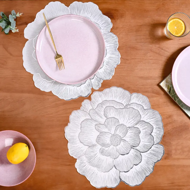 Silver-And-White Blooming Base Placemats – 6-Piece Modern Table Setting Set 1