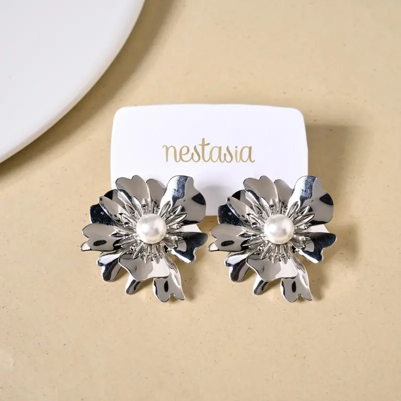 Silver Anemone Flower Stud Earrings With Freshwater Pearls 1