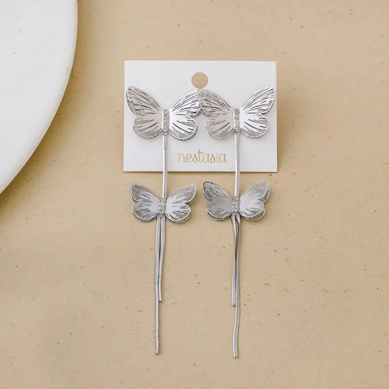 Silver Butterfly Tassel Earrings 1