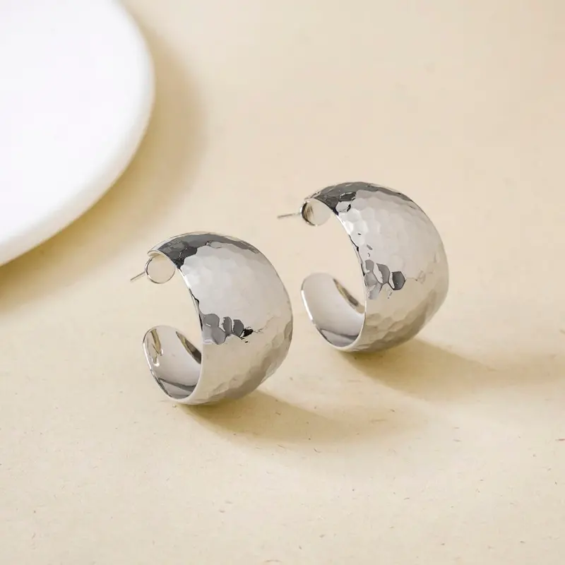 Silver Honeycomb-Texture Hoop Earrings 1