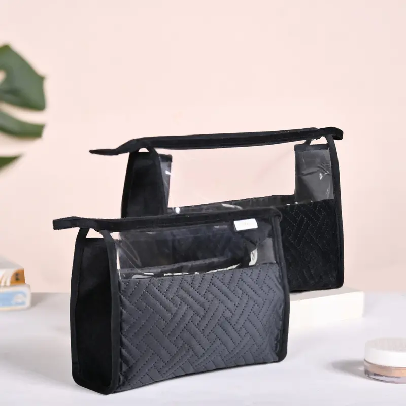 Sleek Black Dual-Compartment Travel & Makeup Pouches – Set Of 2 1