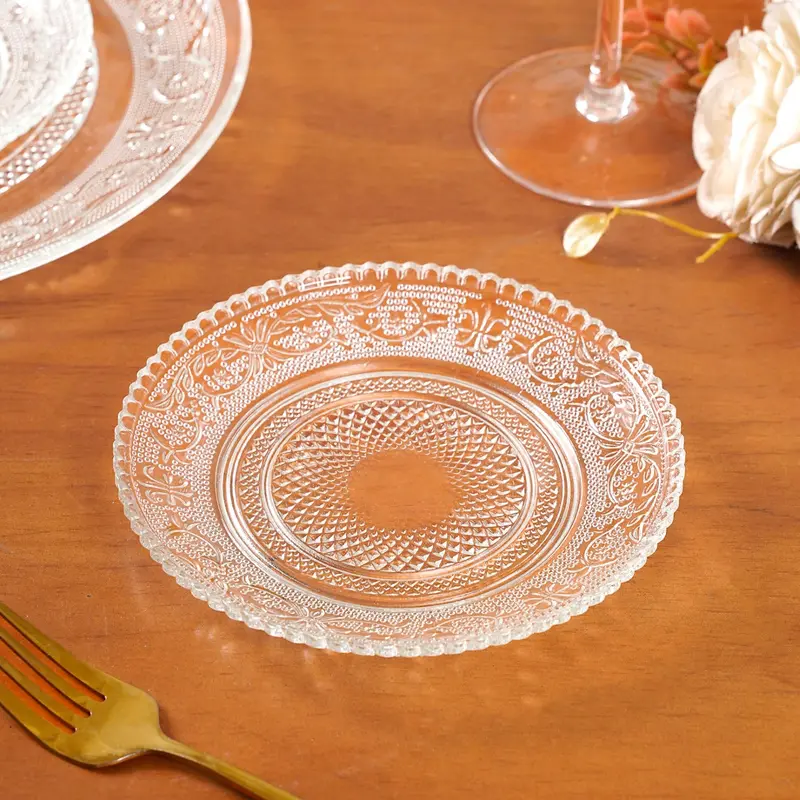 Small Embossed Glass Dessert Plates – Set Of 6, 15Cm Diameter, Clear Finish 1