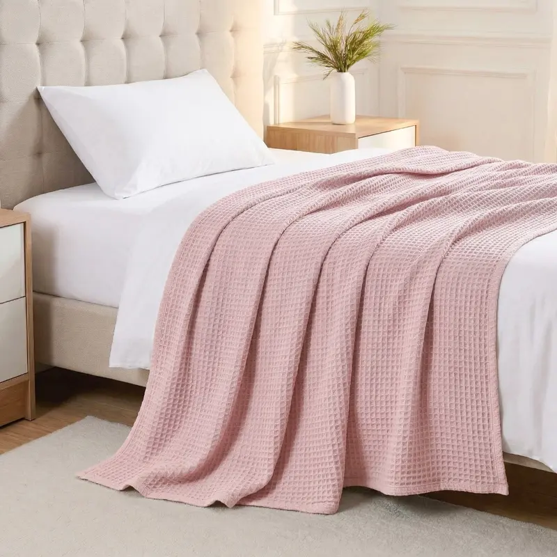 Soft Pink Combed Cotton Waffle Throw Blanket – 220 X 200 Cm 1