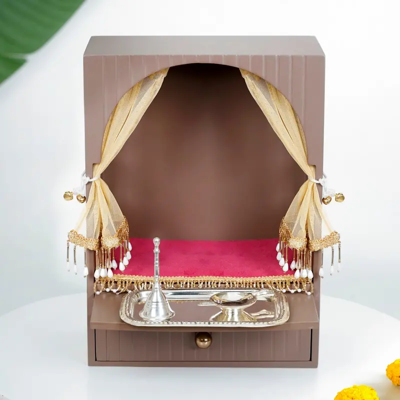 Space-Saving Wall-Mounted Puja Mandir Set – Includes Aasan, Thali & Curtain 1