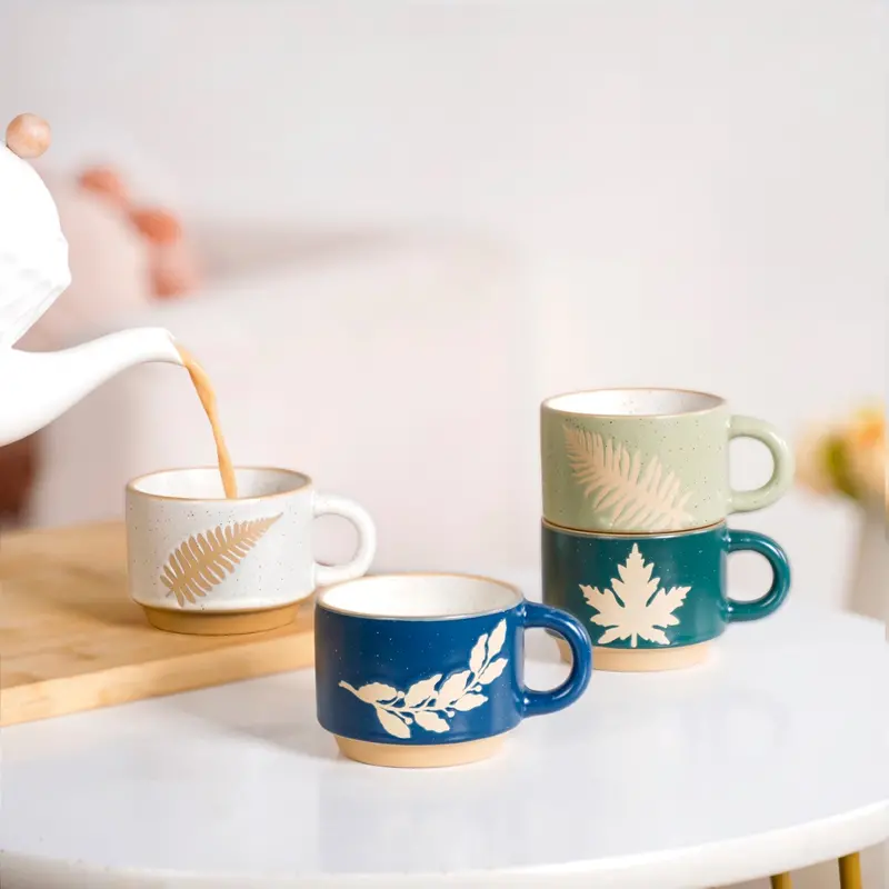 Spring Leaf–Themed Stackable Ceramic Mug Set – 4 X 145Ml 1