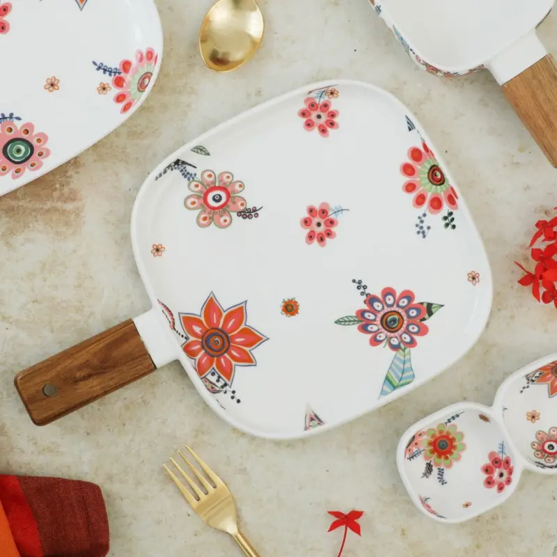 Square Floral Serving Plate With Ergonomic Handle 1
