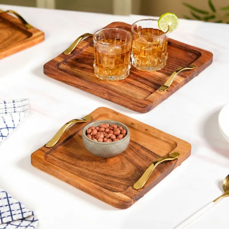 Square Wooden Serving Tray With Metallic Gold Handles – Set Of 2 1