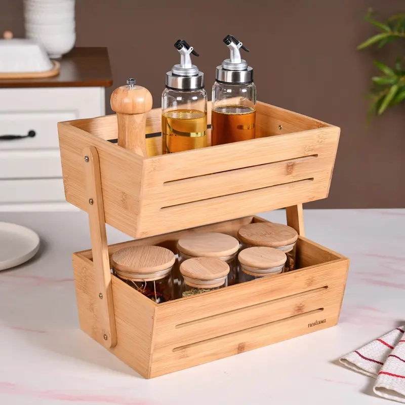Stackable Double-Tier Bamboo Storage Basket Set 1