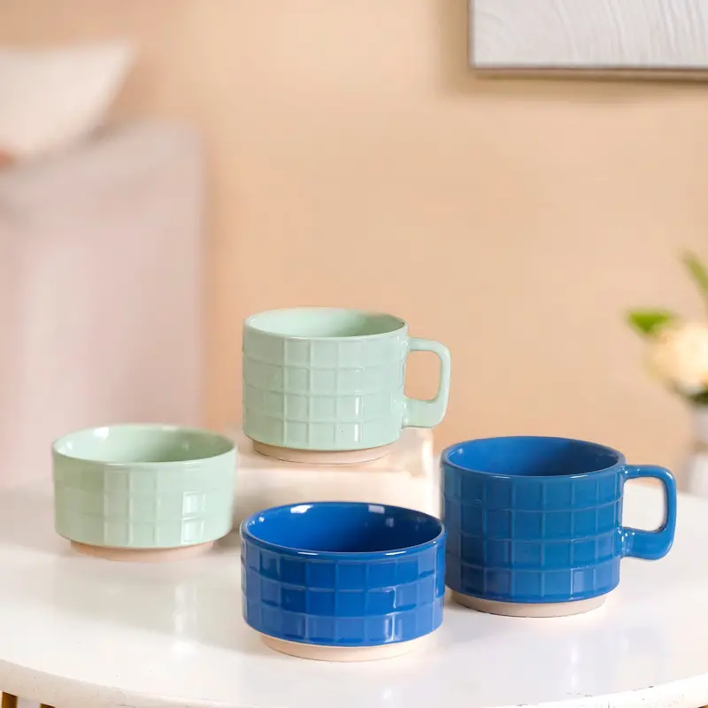 Stackable Two-Cup & Two-Bowl Ceramic Set – Mint Blue Colorway 1