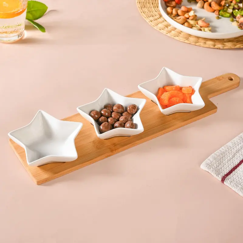 Star-Embossed White Ceramic Bowls (3-Piece) With Wooden Serving Tray – 80Ml Each 1