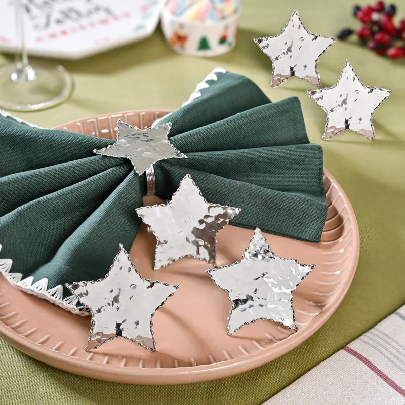 Star-Embroidered Brass Napkin Rings – Sleek Silver Set Of Six 1