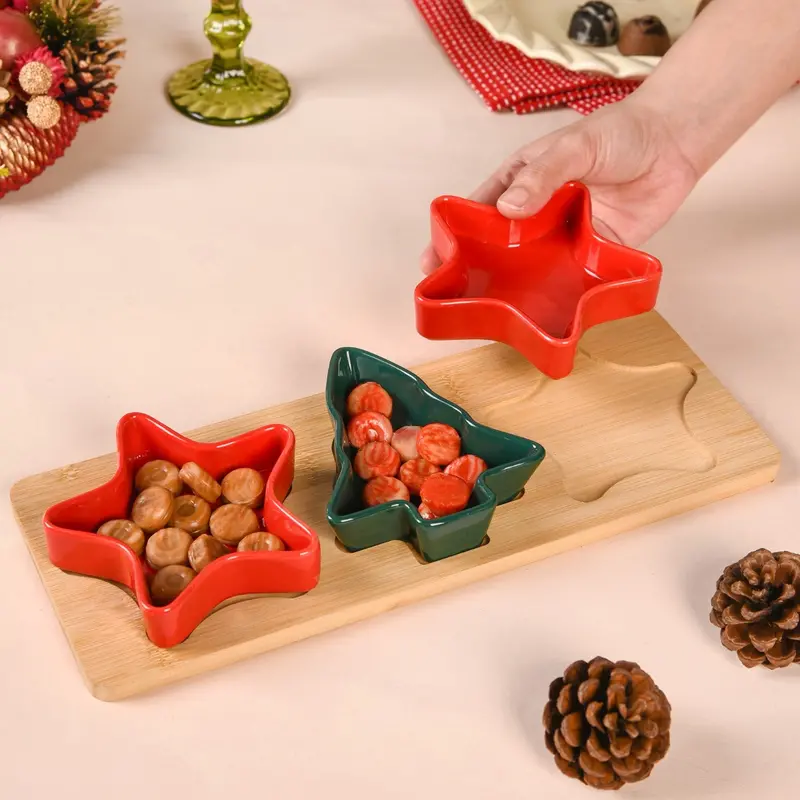 Stars & Tree Decorative Snack Bowl Trio With Wooden Serving Tray 1