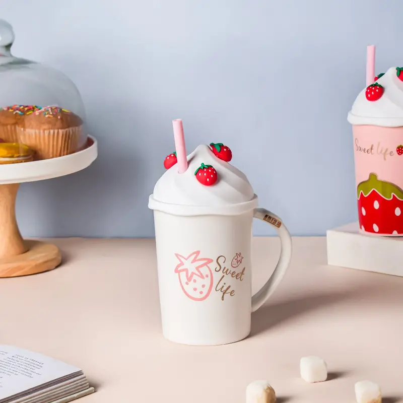 Strawberry-Themed Insulated Mug With Lid & Reusable Straw – 380Ml 1
