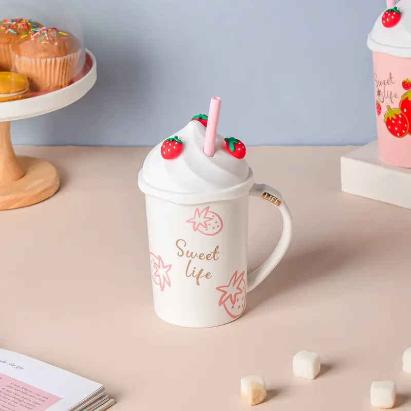 Strawberry-Themed Travel Mug – 380Ml Insulated Cup With Lid & Reusable Straw 1