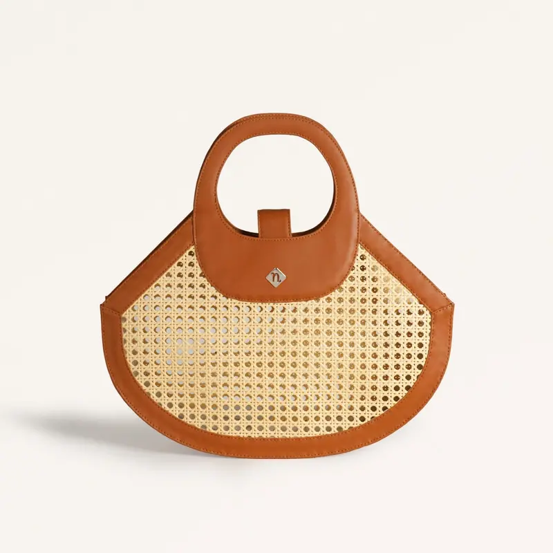 Tan Rattan Basket-Style Tote Bag 1