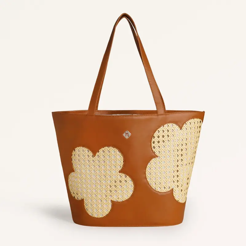 Tan Rattan Tote Bag With Rear Pocket And Woven Detail 1