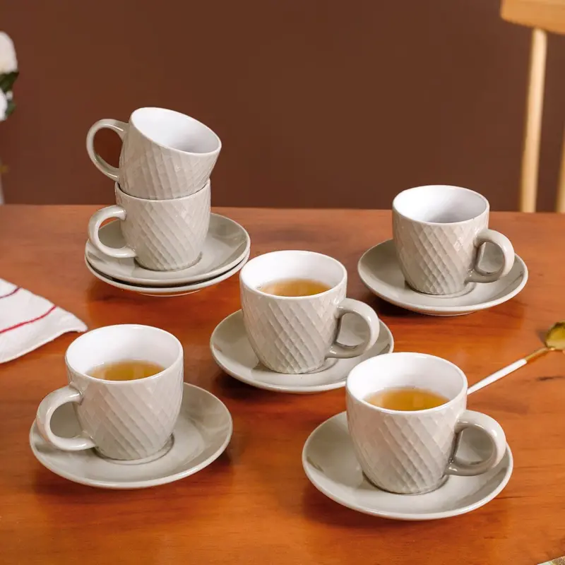 Tara Grey Ceramic Tea Cup And Saucer Set – 6 Pcs, 225Ml 1