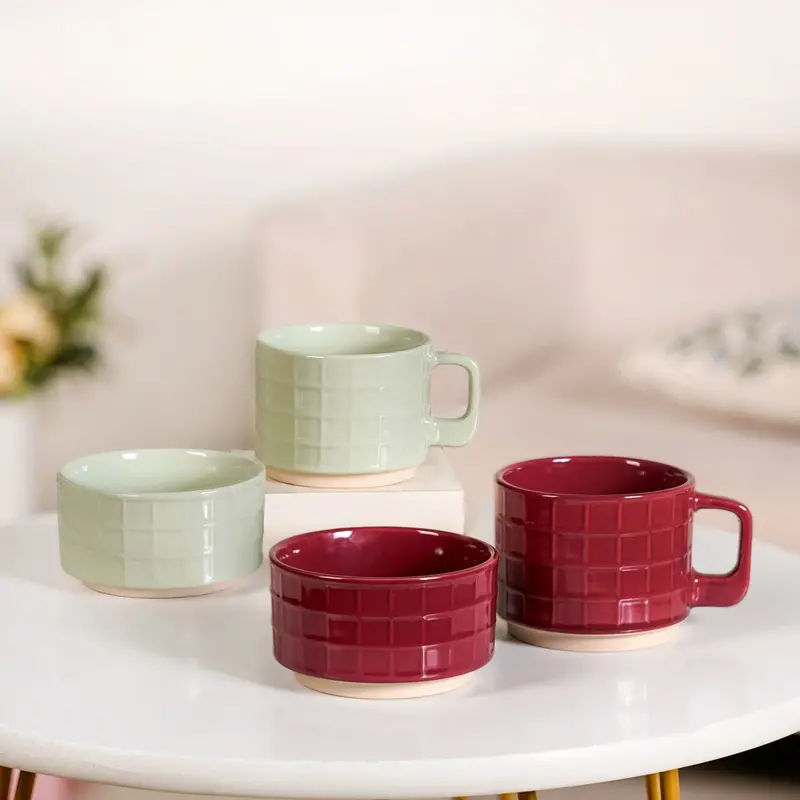 Tartan-Print Stackable Ceramic Cup & Bowl Set – Mint And Maroon Design 1