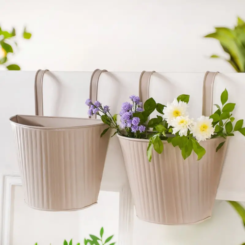 Taupe Ribbed Hanging Planters – Set Of 2 For Tiered Display 1