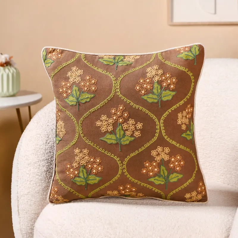 Taupe Soft Florals Embroidered Cushion Cover – 40X40Cm Neutral Pillow Case 1