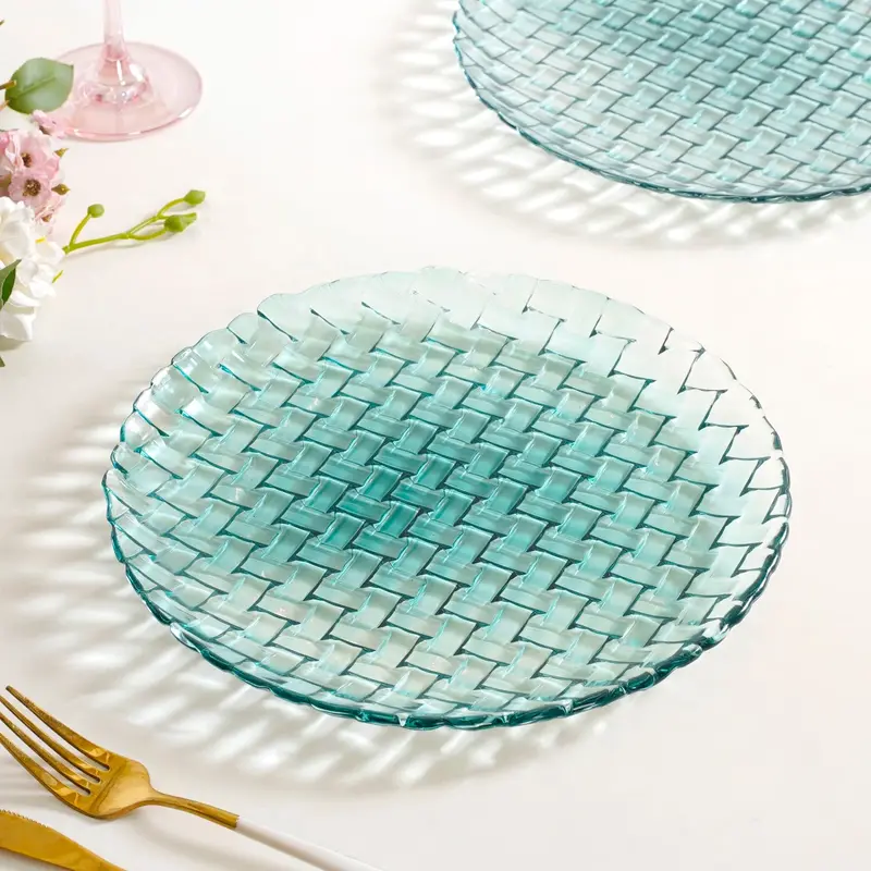 Teal Weave-Design Glass Dinner Plates – Set Of 6, 25Cm, Modern Textured Look 1