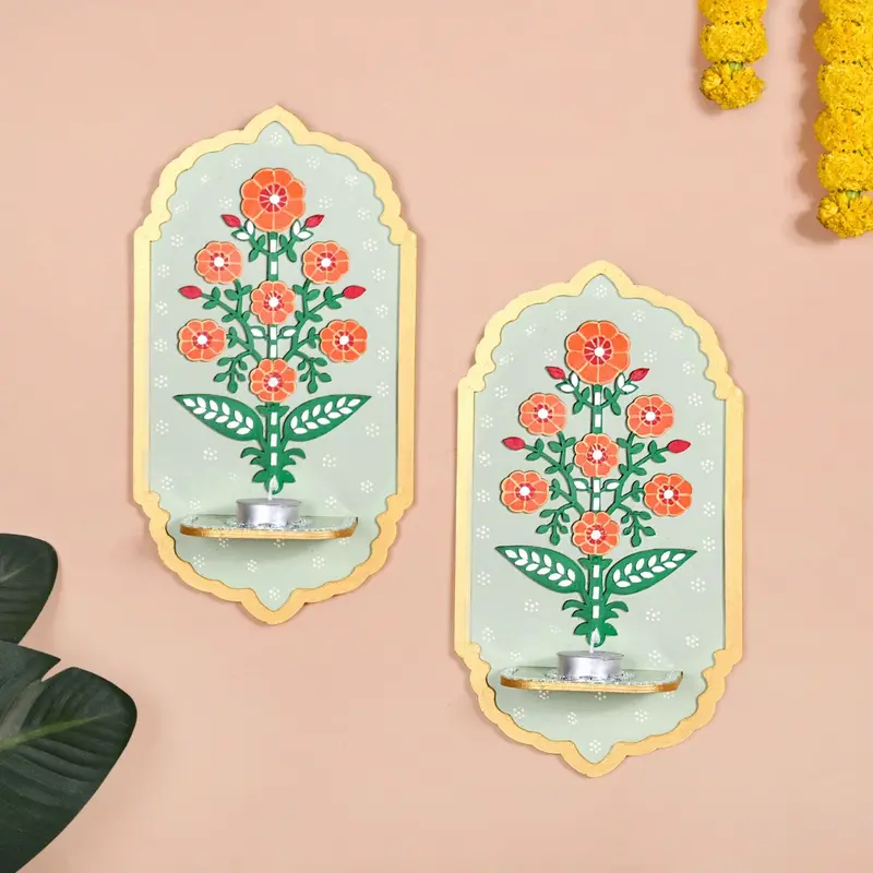 Tealight Candle Holder Set – Phool Mirrorwork Lippan Wall Art 1