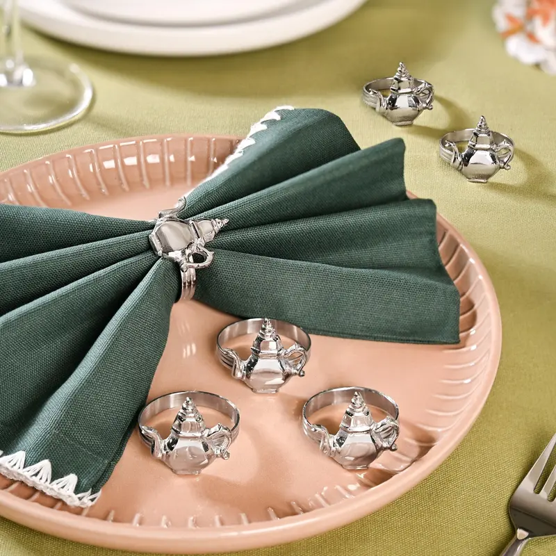 Teapot-Shaped Pure Brass Napkin Rings – Silver-Plated Set Of Six 1