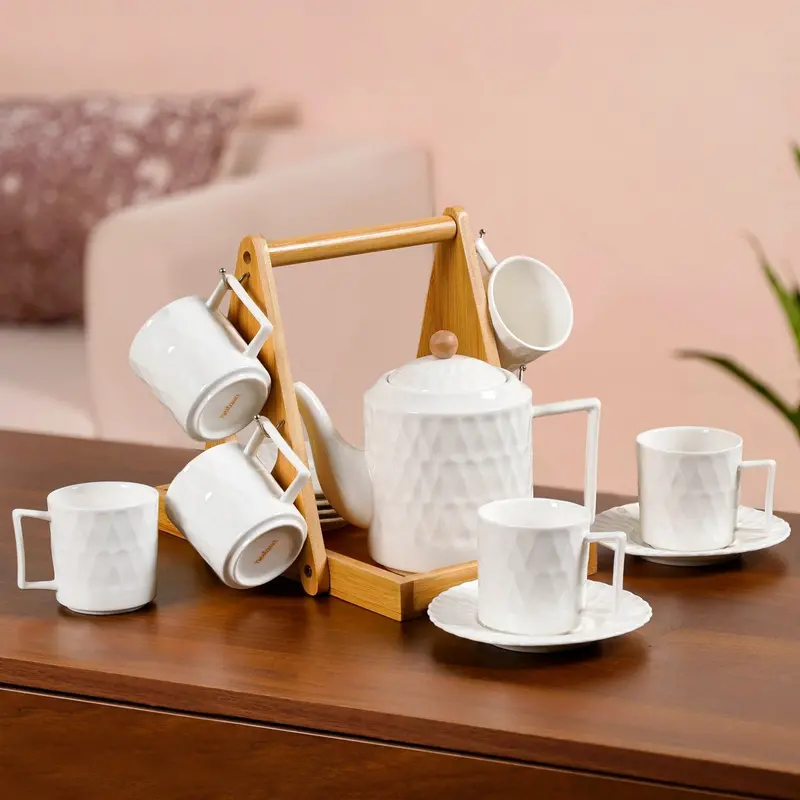 Teardrop Texture Tea Set – 6-Piece Ceramic Service With Stand 1