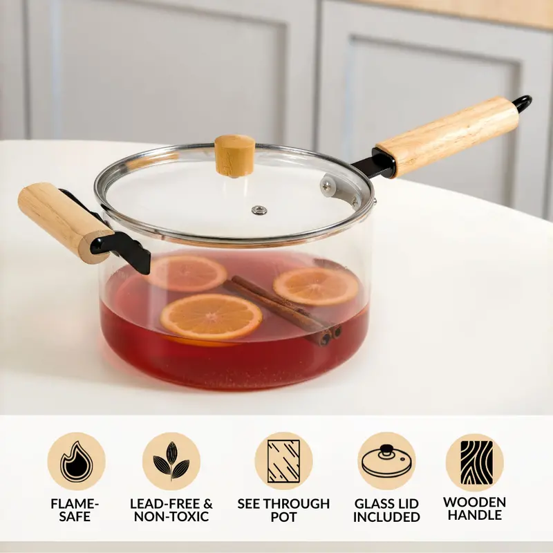 Tempered Glass Saucepan With Wooden Handle & Lid (3.2L) 1