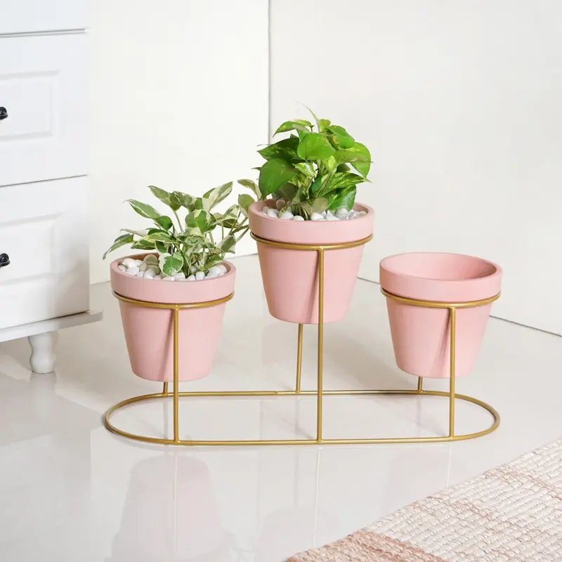 Terratier Pink Three-Piece Planter Set With Gold Stand 1