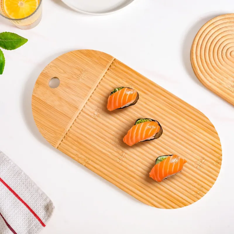 Textured Bamboo Zen Garden Serving Platter – 15" Ribbed Capsule Design 1