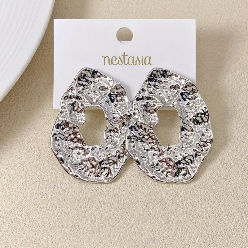 Textured Hollow Oval Silver Earrings 1