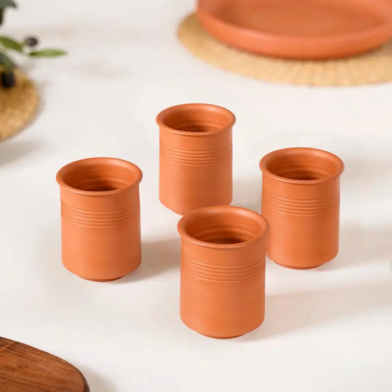 Textured Terracotta Glasses With Pinstripe Detail – Set Of 4 (200Ml) 1
