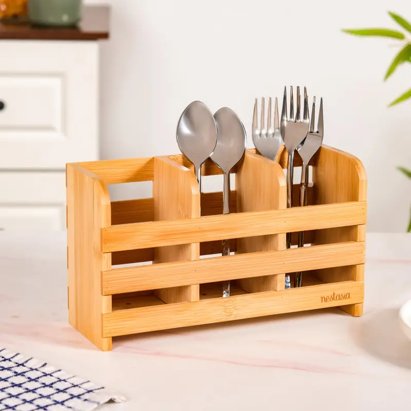 Three-Compartment Bamboo Cutlery Organizer For Kitchen Counters 1