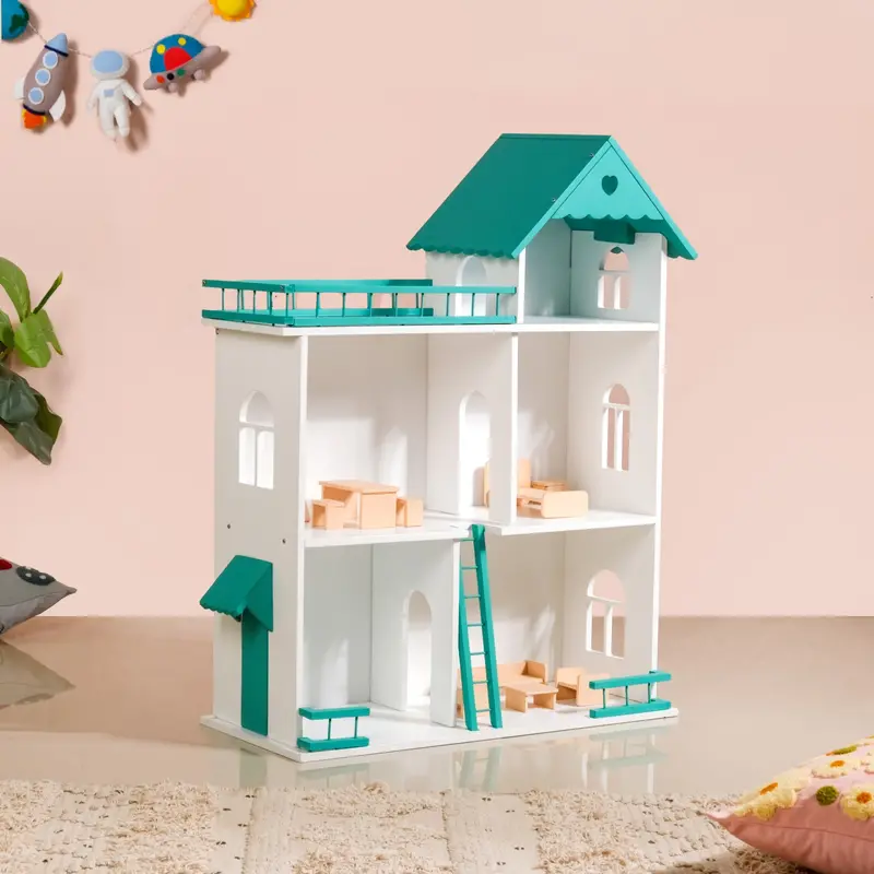 Three-Story Wooden Dollhouse With Full Furniture Set 1
