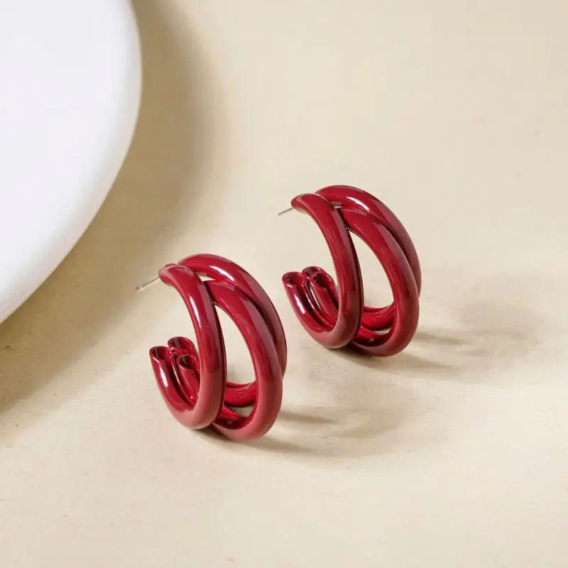 Three-Tier Maroon Semi-Hoop Earrings 1