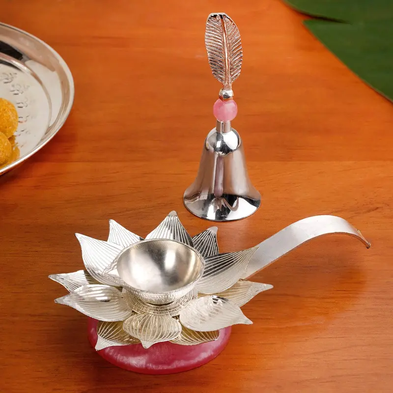 Traditional Lotus Diya And Brass Bell Set 1
