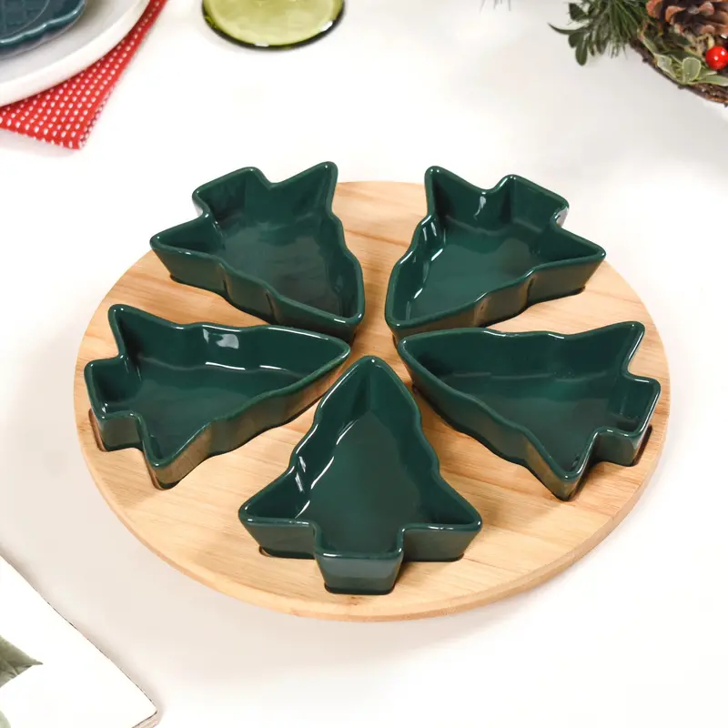 Tree-Print Snack Bowls (3-Piece) With Rotating Wooden Tray – 100Ml Capacity 1