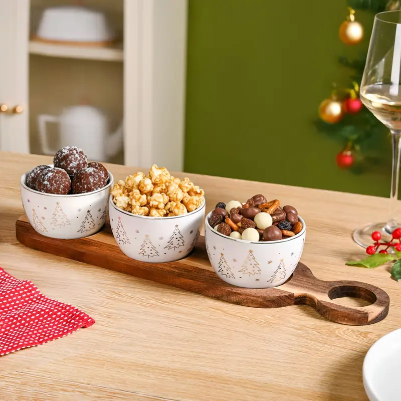 Tree Trail Mix Serving Set: Four Bowls + Acacia Wood Tray 1